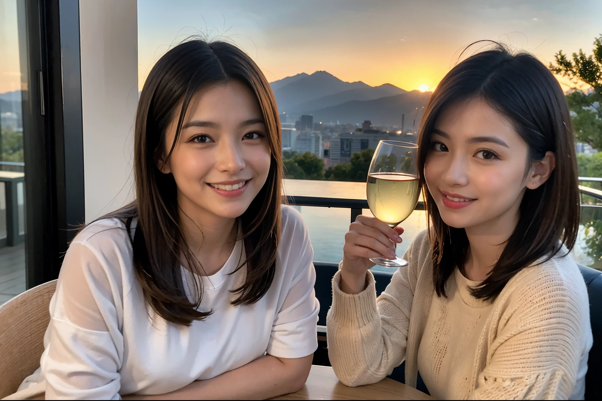 ((highest quality、8k、masterpiece:1.3))、1 male、1 female、Couple、Spouse、石原さとみ似美女Couple、The body is slim、((Bob Hale、Straight hair:1.2)), (Realistic, Intricate details:1.2), テーブルの上のwine glass、Put the light on your face、 Amazing view of the sunset sky and clouds、Amazing mountain views、A bright smile、The wonderfulness of smile、Bright image、The beauty of wine, Beautiful Face, blue eyes, The light shines on your face, Blushing, short hair,Bright Face、 (Age 35), 39 years old, red wine 、Appetizers、Italian food、Wine bottle、Champagne、sparkling wine、Two beauties、Brown Hair、Shortcuts、Long sleeve shirt、dress、Pretty Woman 1, (slimな顔), (The body is slim), (Brown Hair), (Shortcuts), cheeks turn a little red,Attractive beauty、restaurant, In a prominent place (From the waist up) Nova Frog Style, actress, model, Upper Body, White wine, slim, wine glass, 中央に置かれたwine glass, smile, (smile: 1.15), Beautiful fine grain, Depth f/2,saturation, High Contrast, Strong light and shadow,Moist Body:1.5、3D texture、Delicate eyes、Brown Hair、The hair is very shiny、