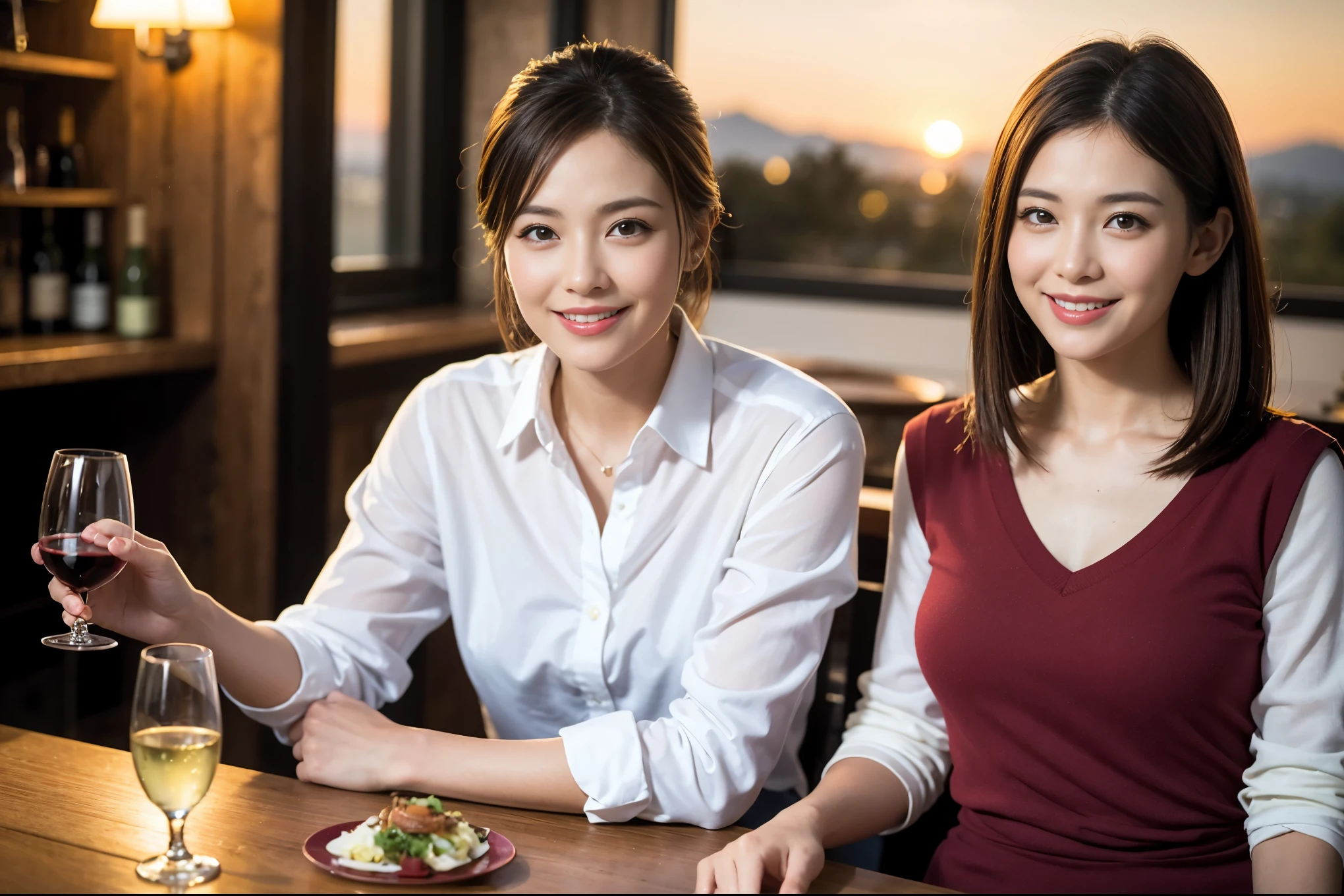 ((highest quality、8k、masterpiece:1.3))、1 male、1 female、Couple、Spouse、石原さとみ似美女Couple、The body is slim、((Bob Hale、Straight hair:1.2)), (Realistic, Intricate details:1.2), テーブルの上のwine glass、Put the light on your face、 Amazing view of the sunset sky and clouds、Amazing mountain views、A bright smile、The wonderfulness of smile、Bright image、The beauty of wine, Beautiful Face, blue eyes, The light shines on your face, Blushing, short hair,Bright Face、 (Age 35), 39 years old, red wine 、Appetizers、Italian food、Wine bottle、Champagne、sparkling wine、Two beauties、Brown Hair、Shortcuts、Long sleeve shirt、dress、Pretty Woman 1, (slimな顔), (The body is slim), (Brown Hair), (Shortcuts), cheeks turn a little red,Attractive beauty、restaurant, In a prominent place (From the waist up) Nova Frog Style, actress, model, Upper Body, White wine, slim, wine glass, 中央に置かれたwine glass, smile, (smile: 1.15), Beautiful fine grain, Depth f/2,saturation, High Contrast, Strong light and shadow,Moist Body:1.5、3D texture、Delicate eyes、Brown Hair、The hair is very shiny、