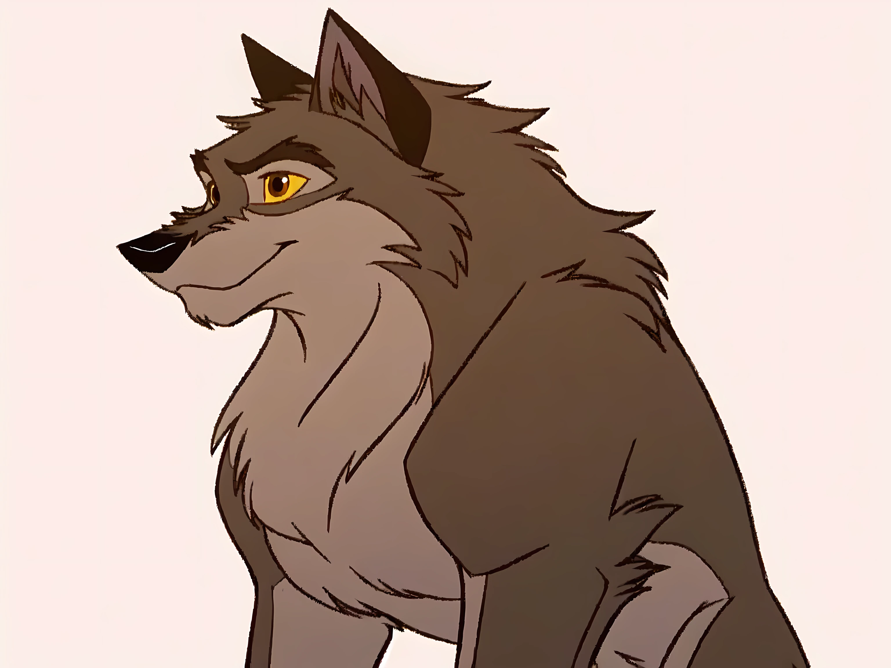 balto, full body, feral, detailed, detailed eyes, quadruped, very muscular:1.1, pectorals:1.2, biceps, wfa anatomy, black lineart, black outline, male, masculine, adult, wolf, wolf body, wolf tail, brown iris, yellow sclera, cartoon shading, cel shaded:1.0, white background, full body, paws