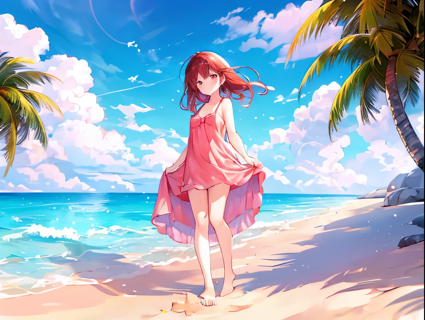 A girl undressing at a beach house、A light red bra and cute red shorts are visible against a pure white one-piece dress、barefoot、Sandy beach, cumulonimbus clouds and blue sky、Naked  