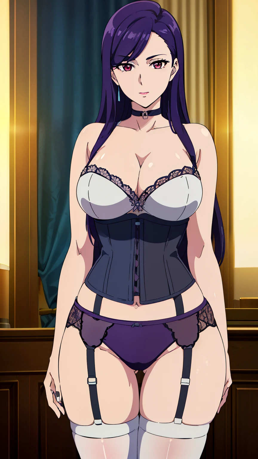 rifa,1 girl,(purple eyes, purple hair),bangs,Long Hair,((corset top:1.1),(garter belt:1.1),(garter straps:1.1),choker,thighs,cameltoe, (nipples visible through clothes:0.7), 
20 years,young woman,beautiful long legs,beautiful body,
beautiful Nose,beautiful character design, perfect eye, perfect face,expressive eye,Perfect balance,
View your audience,(Focus on her face), (Innocent_big_eye:1.0),
Anime art style,Dynamic Angle,Official Art,Very detailed CG Unity 8k wallpaper, Perfect lighting,colorful, bright_front_face_Lighting,White skin,
(masterpiece:1.0),(Highest_quality:1.0), 超High resolution,4K,Very detailed,
photograph, 8k, High resolution, High resolution, (Absurd:1.2), Kodak Portrait 400, Film Grain,  Lens flare, (Vibrant_color:1.2),Professional Photograph,
(beautiful_Big Breasts:1,3), (beautiful_face:1.4),(narrow_Waist),