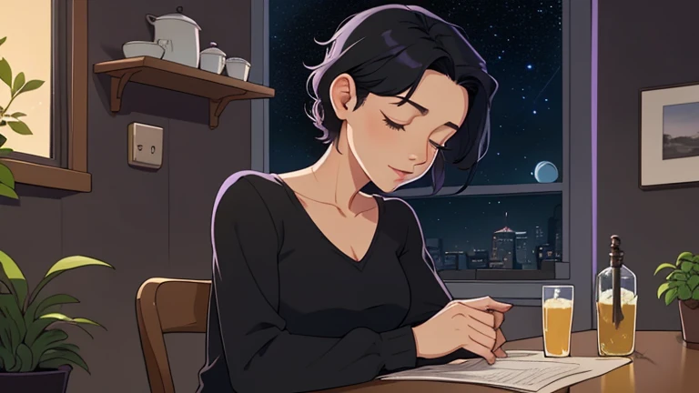 Late at night, a Beautiful woman in her 30s with short black hair tied is sitting on the chair with her eyes closed in a stylish kitchen. Cozy wallpaper, Gwydz style artwork, LOFI girls, trending at cgstation, relaxed mood, nightcore, cozy, night, wide glass windows, starry sky, table, chair, fridge, sink, V-neck blouse, and she was the only one in the room. beautiful flower. Plants, 2D style animation, looking down.Well-proportioned face, Outside the window is a pitch black starry sky, purple wall, kitchen is dimly,