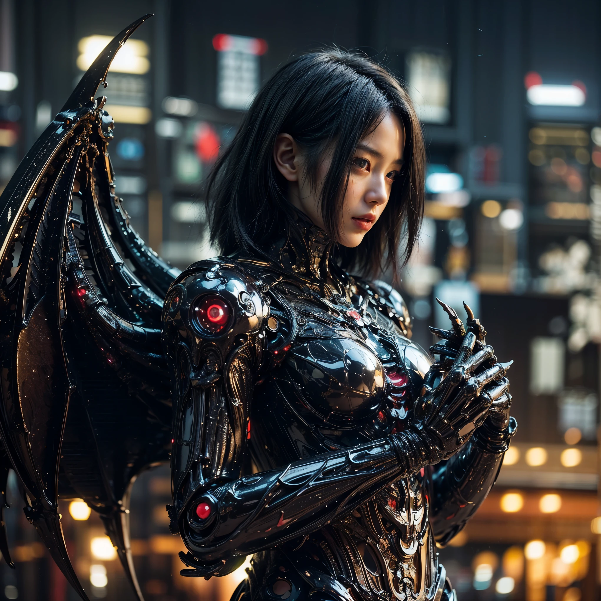 (top-quality:1.2, masterpiece), ultra high resolution, (Photorealsitic:1.4), (crab-base body), 1 Japanese female, extremely realistic face, (white hair), ((ultimately intricate all details)), (whole body picture), realistic shadow, octan render, glossy textures, character edge light, Details of complex ornaments, dystopia with a beautiful view at night, fighting pose