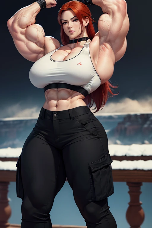 (((Massive, beautiful, buff, pale white skinned muscular asian woman with red hair, ginormous bulky muscles and wearing a black sports bra with a black cargo pants))), {close view}, massive muscles, massive biceps, hyper muscle shoulders, massive muscle arms, vascular shoulders, hyper muscle triceps, (long hair), yellow eyes, choker, gloves, sneakers, in the Grand Canyon, closed smile, night, hyper vascular arm, hyper muscles arms, hyper muscle legs, massive arms, close view