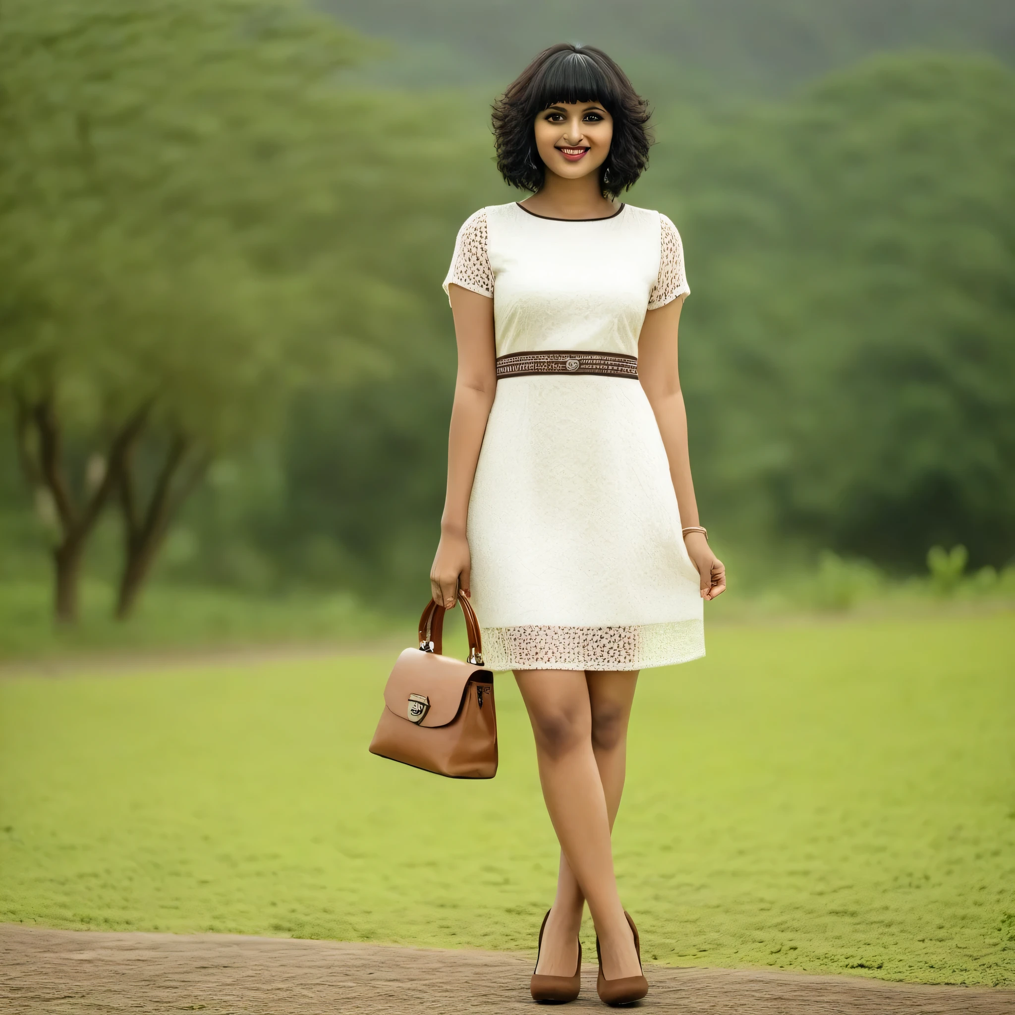 full body shot of a 30 year old indian woman with round face shape fair skin and black short afro bangs hair wearing a white sheats dress, brown pumps shoes, holding a one brown mini bag in her right hand and a watch in her left hand, slightly smile, standing facing the camera, centered view, bokeh, nature background.