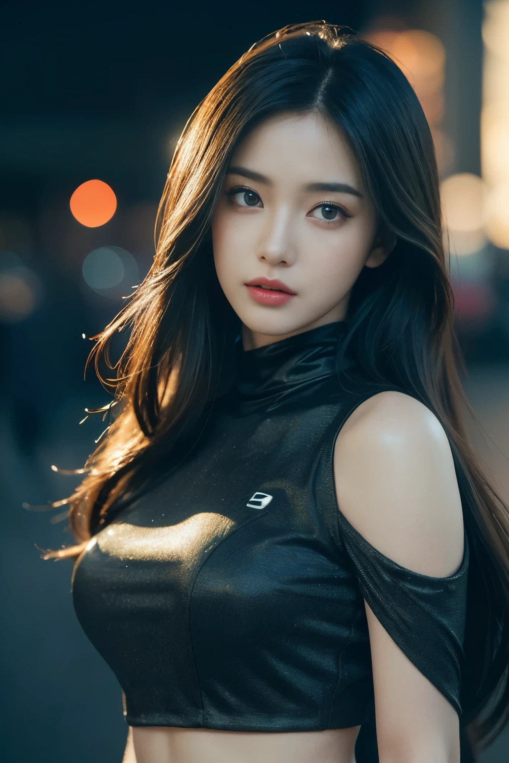 a beautiful detailed android woman, 1girl, beautiful detailed eyes, beautiful detailed lips, extremely detailed face and features, long eyelashes, android girl, anime, sci-fi, wear casual crop clothe, off shoulders, dramatic lighting, cinematic, intricate details, photorealistic, 8k, hyper detailed, masterpiece, (best quality,4k,8k,highres,masterpiece:1.2),ultra-detailed,(realistic,photorealistic,photo-realistic:1.37) at night city
