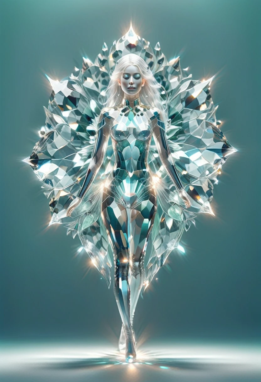 light element,translucent luminous body in levitation, a translucent beautiful sublime and tall French woman made of crystal and light, sketch, minimalism,long legs, very long hairs, pencil drawing, clear lines,(double exposure:1.4),delicate fractal ornament,(upper thighs shot:1.3),full body shot,a woman standing straight walk towards me, poitrine push-up, low angle shooting,(fully translucent crystal body:1.9),soft focus,4k,hdr, fractal glass, 1girl,fantasy artwork, masterpiece, (fractal tattoos:1.4),(translucent luminous crystal body:1.2),A minimalist design,of a silhouette outline and a beautiful woman in crystal and a glowing shadow world,intricate crystal artwork Masterpiece,((icy electric mint and white,translucent crystal:3.0,  transparent shap:1.9, transparent crystal body illuminated from the inside : 1.9, internal lighting :1.9, crystal:1.9)), she is happy 