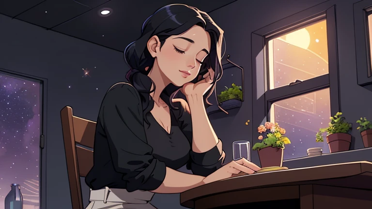 Late at night, a Beautiful woman in her 30s with black hair tied is sitting on the chair with her eyes closed in a stylish kitchen. Cozy wallpaper, Gwydz style artwork, LOFI girls, trending at cgstation, relaxed mood, nightcore, cozy, night, wide glass windows, starry sky, table, chair, fridge, sink, V-neck blouse, and she was the only one in the room. beautiful flower. Plants, 2D style animation, looking down.Well-proportioned face, Outside the window is a pitch black starry sky, purple wall, kitchen is dimly,