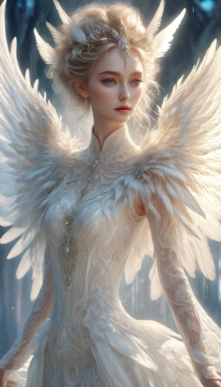 Elf，whole body，a beautiful elf model posing on a runway, wearing a white lace angelic costume with large feathered wings, intricate woven and lace detailing, a divine and ethereal appearance, glowing with heavenly light, hyper-realistic, 8k, highly detailed, photorealistic, dramatic studio lighting, volumetric lighting effects, elegant victorian-inspired fashion, seamless flawless skin, intricate feather textures, translucent wing membranes, flowing graceful pose, serene and angelic expression