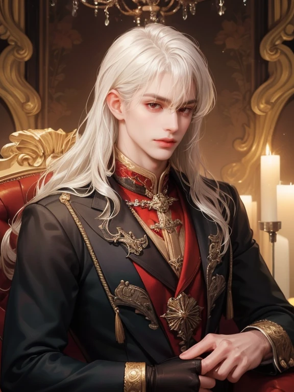 ((WAVY VERY VERY WHITE HAIR))((CURLY LONG HAIR))((SHARP RED RED EYES))((HANDSOME HANDSOM SOFT FACE))((OLD FASHIONED OUTFIT MALE ELEGANT))((SHARP JAWLINE))((BLUNT BLUNT BANGS WITH HAIR BETWEEN EYES))