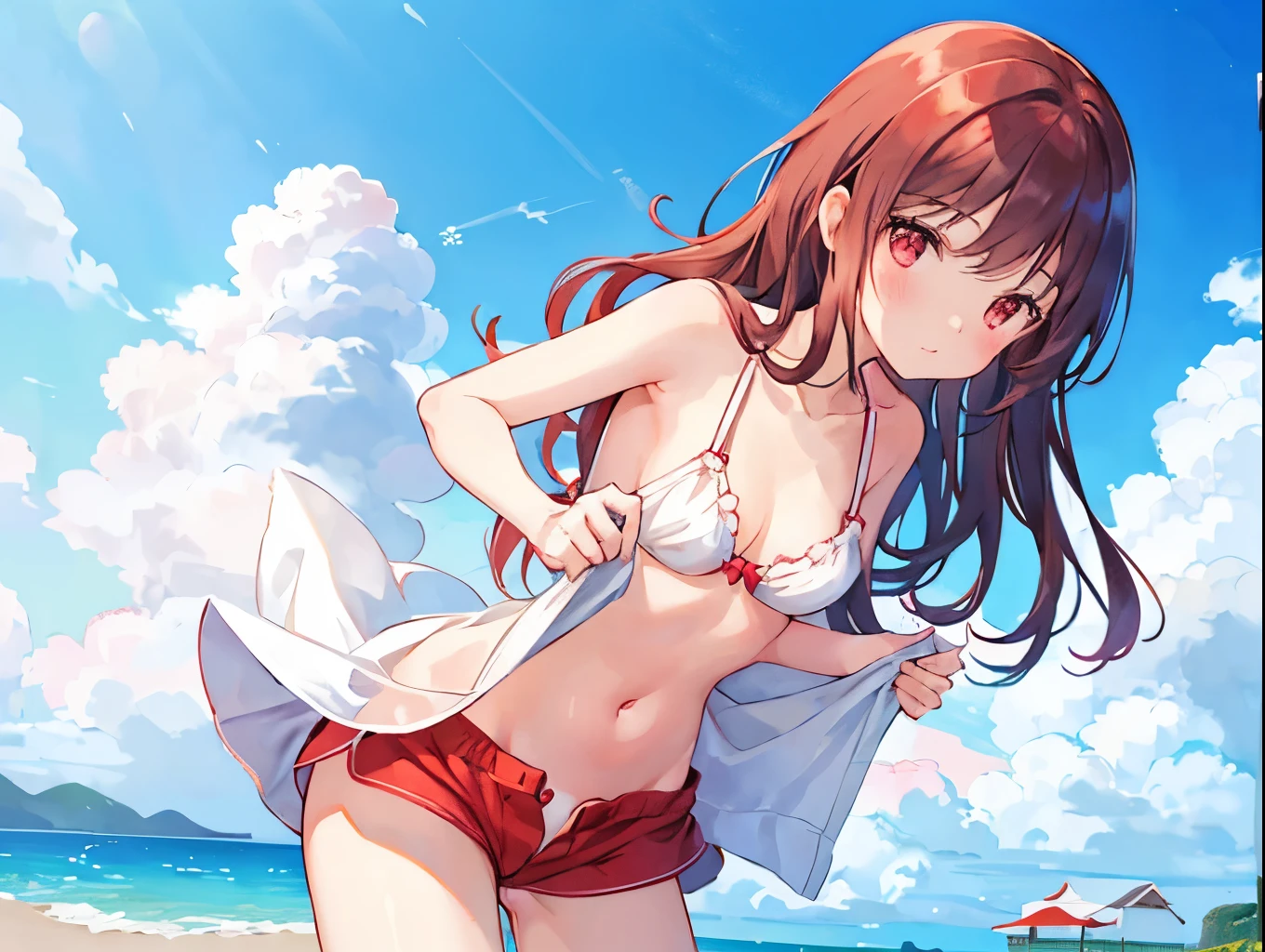 A girl undressing at a beach house、A light red bra and cute red shorts are visible against a pure white one-piece dress、barefoot、Sandy beach, cumulonimbus clouds and blue sky、Naked  、She&#39;s tanned and the tan lines from her swimsuit are clearly visible.