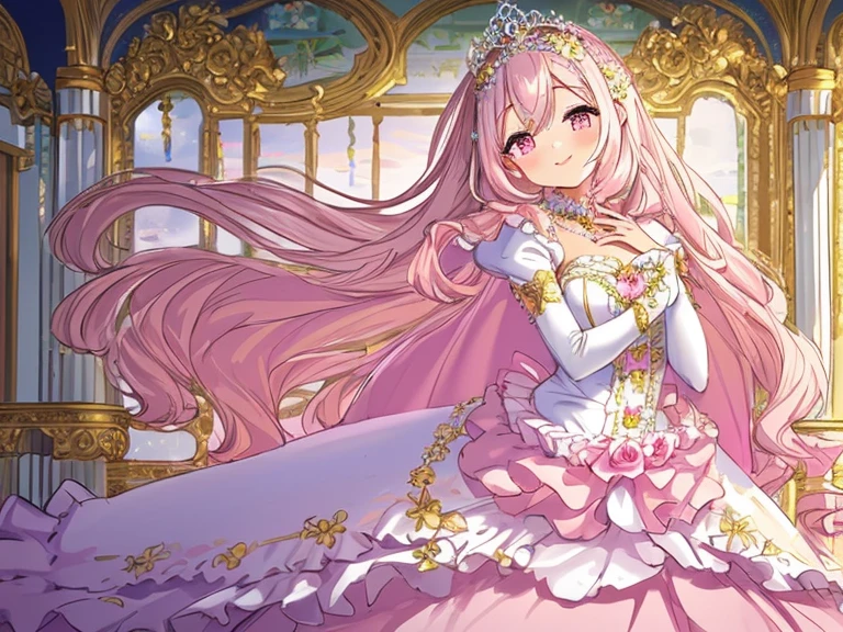 (kawaii),(best quality),(ultra detailed),(rococo style),(long train pastel pink cape:1.15), very long cape,(long train white ball gown with flower decorations:1.1), a girl is wearing a cape over her gown, 1 little princess, tiara, smile, very long hair, small breasts, beautiful detailed eyes, beautiful detailed lips, looking at viewer