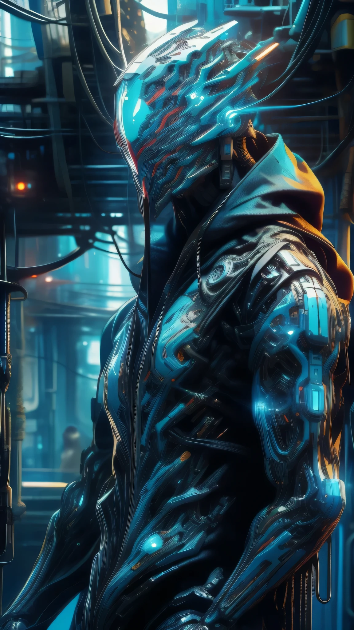 There was a boy wearing a mask and a black hoodie，With a knife in his hand, Hyper-realistic cyberpunk style，Digital cyberpunk anime style，cyan colors