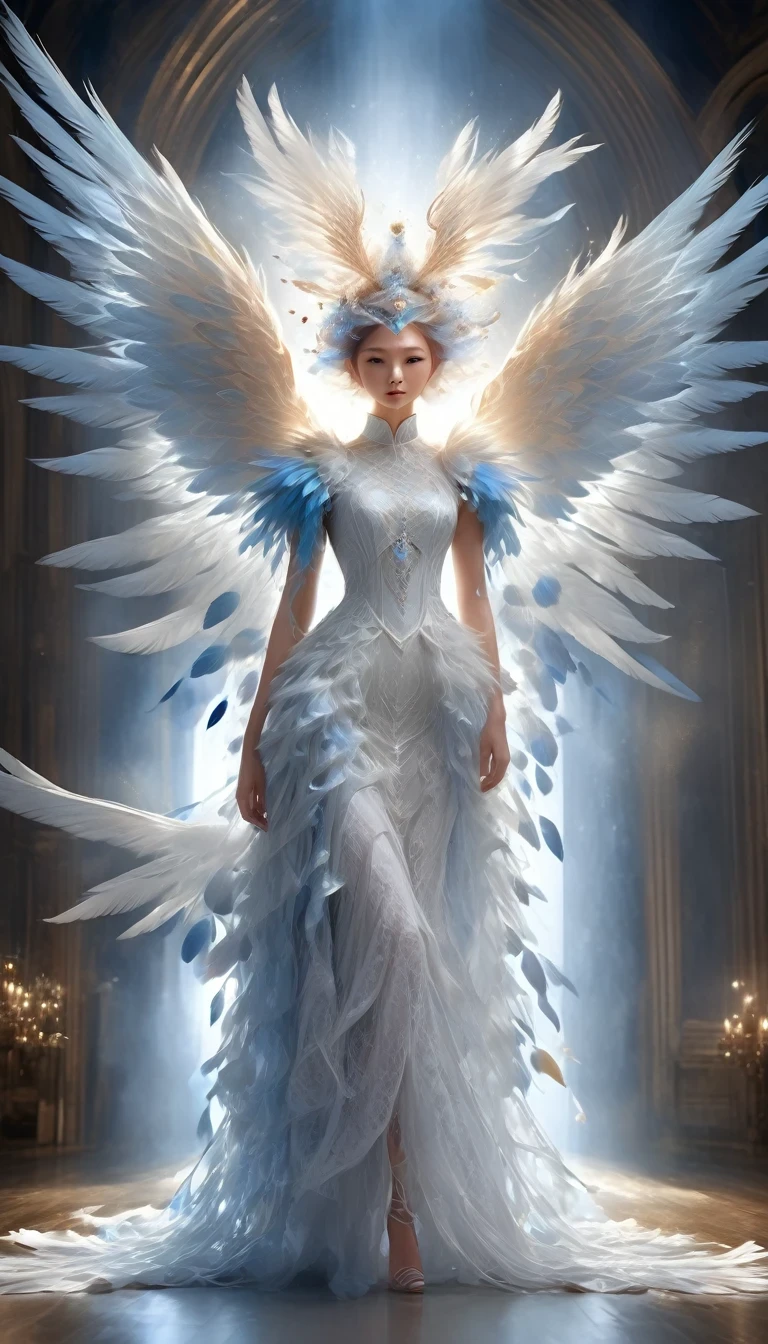 Beautiful elfin model posing on a catwalk in a white lace elfin outfit with huge feathered wings, intricate blue weave and lace detailing, divine and ethereal appearance, shimmering heavenly light, ultra-realistic, 8K, highly detailed, realistic, dramatic studio lighting, volumetric lighting effects, elegant Victorian style fashion, seamless and flawless skin, intricate feathered textures, translucent wing membranes, fluid and graceful posing, serene and angelic expressions