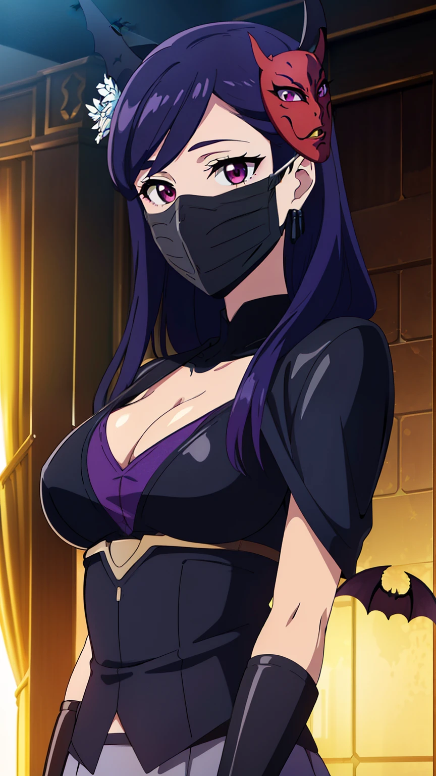 rifa,1 girl,(purple eyes, purple hair),bangs,Long Hair,((bat woman:1.3),(disguise masked,leather mask:1.3),leather mini skirt,leather black cloak), (nipples visible through clothes:0.7), 
20 years,young woman,beautiful long legs,beautiful body,
beautiful Nose,beautiful character design, perfect eye, perfect face,expressive eye,Perfect balance,
View your audience,(Focus on her face), (Innocent_big_eye:1.0),
Anime art style,Dynamic Angle,Official Art,Very detailed CG Unity 8k wallpaper, Perfect lighting,colorful, bright_front_face_Lighting,White skin,
(masterpiece:1.0),(Highest_quality:1.0), 超High resolution,4K,Very detailed,
photograph, 8k, High resolution, High resolution, (Absurd:1.2), Kodak Portrait 400, Film Grain,  Lens flare, (Vibrant_color:1.2),Professional Photograph,
(beautiful_Big Breasts:1,3), (beautiful_face:1.4),(narrow_Waist),