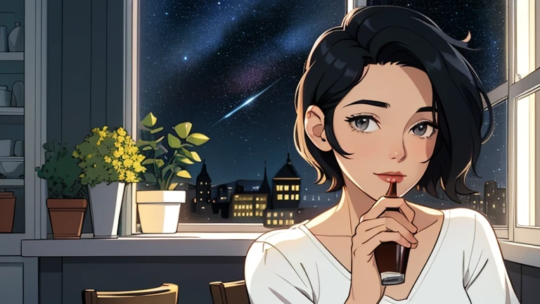 Late at night, a beautiful woman in her 30s with short black hair is drinking coffee in a stylish kitchen. Cozy wallpaper, Gwydz style artwork, LOFI girls, trending at cgstation, relaxed mood, nightcore, cozy, night, wide glass windows, starry sky, table, chair, fridge, sink, V-neck white blouse , and she was the only one in the room. beautiful flower. Plants, 2D style animation, looking down.Well-proportioned face, Outside the window is a pitch black starry sky, kitchen is dimly lit,