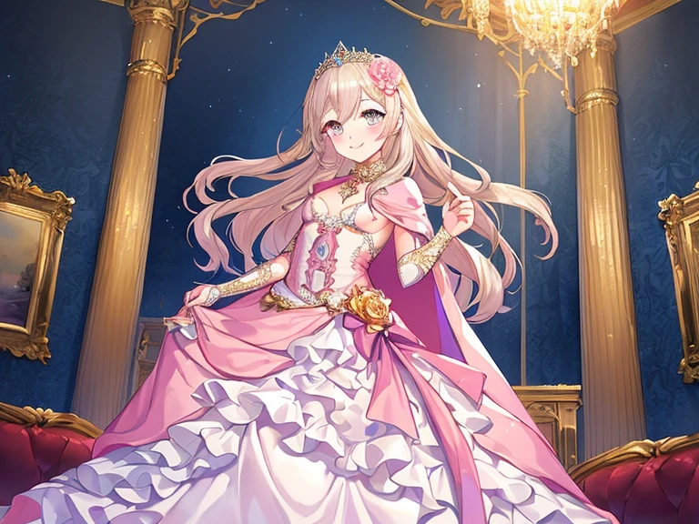 (kawaii),(best quality),(ultra detailed),(rococo style),(long train pastel pink cape:1.15), very long cape,(long train white ball gown with flower decorations:1.1), a girl is wearing a cape over her gown, 1 little princess, tiara, smile, very long hair, small breasts, beautiful detailed eyes, beautiful detailed lips, looking at viewer