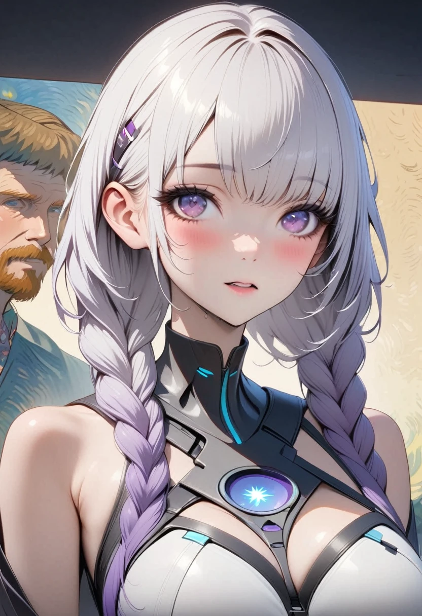 masterpiece, best quality, 4k, Ultra HD, Beautiful eyes and delicate face, illustration, Beautiful and detailed, high resolution illustration, Luminescence_White_particle,A pair of partners, bust, yinji, [A girl purple hair, purple eyes, long hair, white hair, double braids, gradient hair], Short side details, Poker face, curtain, Cyberpunk, Technical clothing,(Vincent Van Gogh Impressionism:1.4)