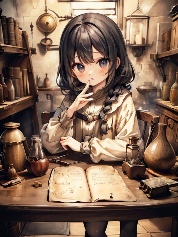 masterpiece, highest quality, Very detailed, 16k, Ultra-high resolution, Cowboy Shot, Detailed face, Perfect Fingers, A 13-year-old girl, black eye, Black Hair, Braid,  renaissance_alchemist_studio, table, Chair, Chairに座る