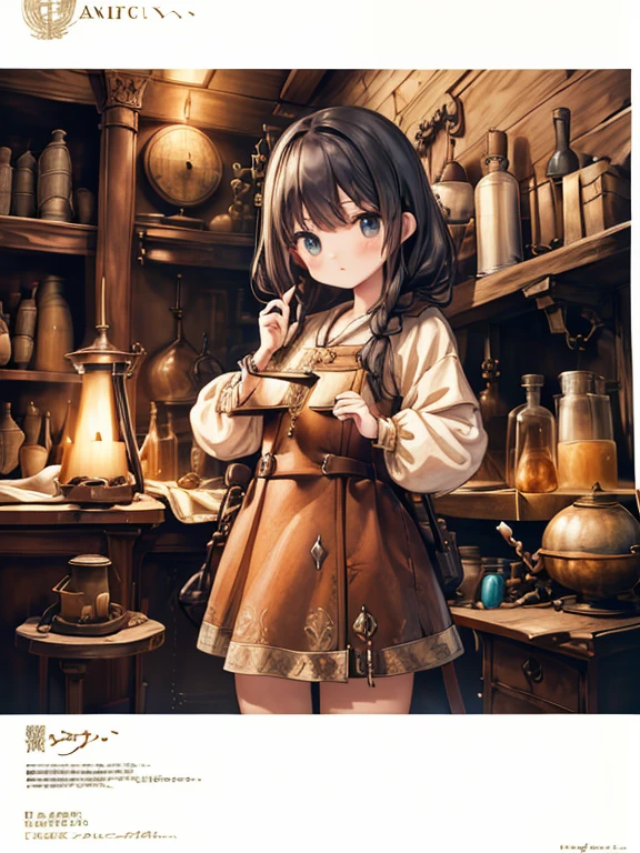 masterpiece, highest quality, Very detailed, 16k, Ultra-high resolution, Cowboy Shot, Detailed face, Perfect Fingers, A 13-year-old girl, black eye, Black Hair, Braid,  renaissance_alchemist_studio, table, Chair, Chairに座る