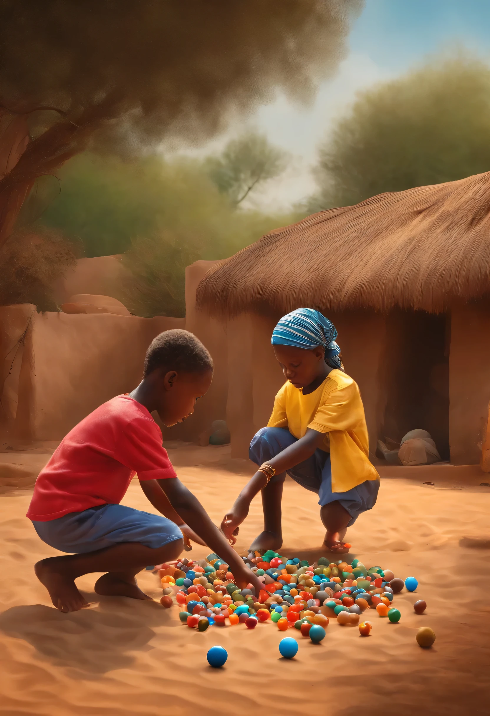créer un dessin de bonhomme allumette de deux enfants jouant avec des billes dans une arrière-cour africaine