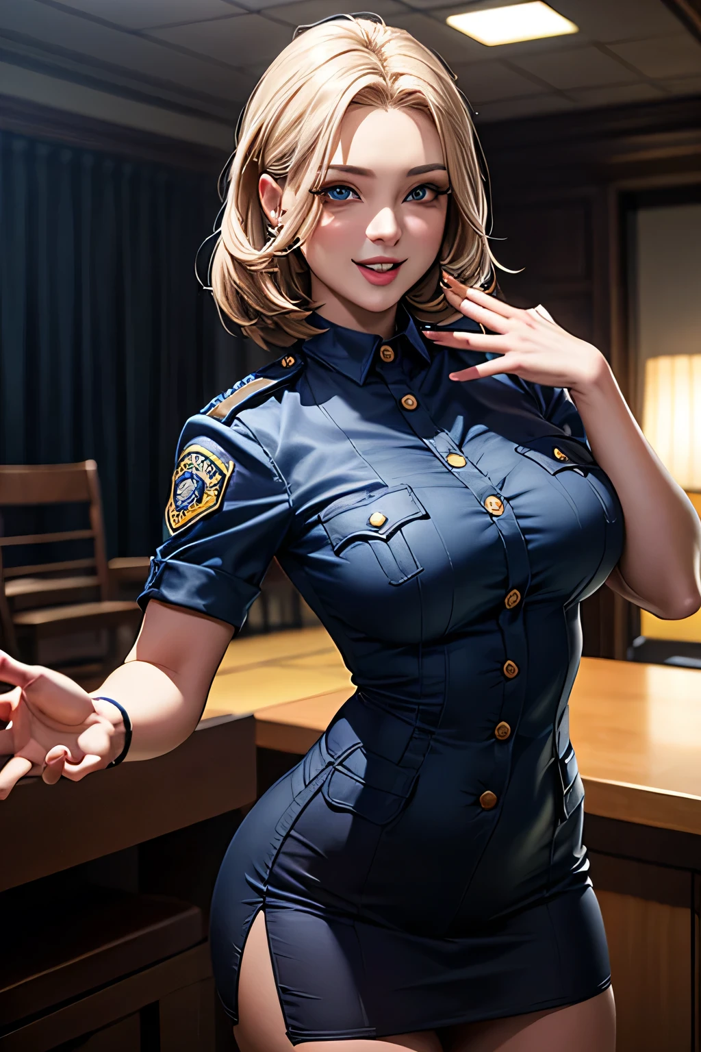 Tabletop, highest quality, Very detailed, Shine, shine, Ray Tracing, hard diskR, Written boundary depth, (Perfect Face, Detailed face, Beautiful Eyes,Perfect hands,Perfect Fingers), 8k,hard disk,Ultra-realistic face,Ray Tracing,Perfect lighting,highest quality, Very detailed, Shine eyes, (Looking at the audience,smile with open mouth:1.1), ((1 girl)), (Mature Woman:1.4), chic,
1 girl,alone, Upper Body, (Police uniform), smile