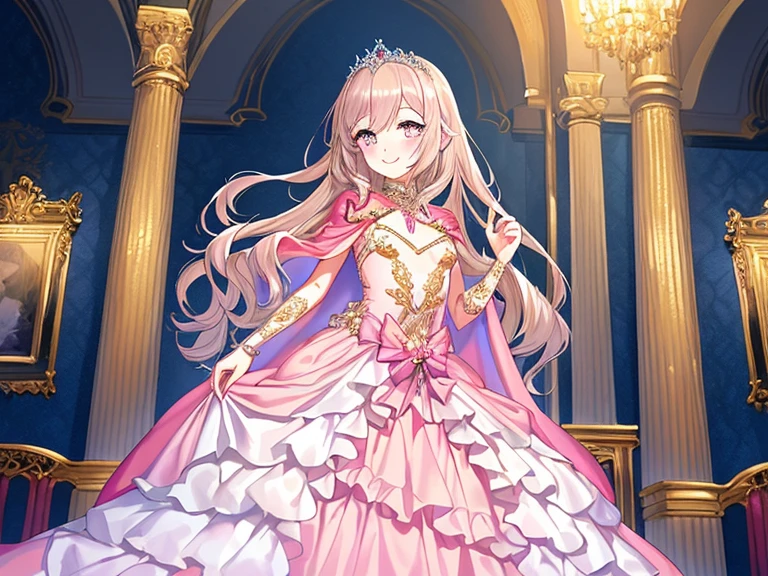 (kawaii),(best quality),(ultra detailed),(rococo style),(long train pastel pink cape:1.15), very long cape,(long train white ball gown with flower decorations:1.1), a girl is wearing a cape over her gown, 1 little princess, tiara, smile, very long hair, small breasts, beautiful detailed eyes, beautiful detailed lips, looking at viewer