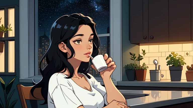 Late at night, a beautiful woman in her 30s with black hair is drinking coffee in a stylish kitchen. Cozy wallpaper, Gwydz style artwork, LOFI girls, trending at cgstation, relaxed mood, nightcore, cozy, night, wide glass windows, starry sky, table, chair, fridge, sink, V-neck white blouse , and she was the only one in the room. beautiful flower. Plants, 2D style animation, looking down.Well-proportioned face, Outside the window is a pitch black starry sky, kitchen is dimly lit,