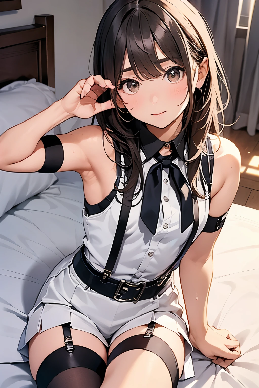 Staring at the audience　　　Black suspenders　　　bulging big breasts　　 　 　　　wall 　mini skirt　garterbelt　garter　　　　　　sight　　　Small face　 　　　holster　　　Beautiful woman　　Show your hand　　 Lying in bed　　sight 　　Taunt　side　side汗 　arm　　belt　summer　Armpit sweat　　Knee-high　Knee-highソックス　