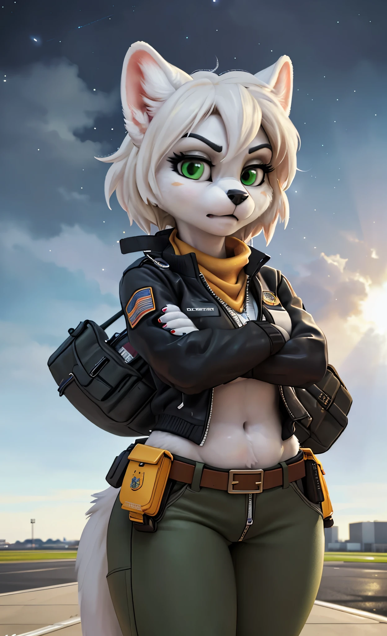 [Uploaded to e621.net; (mayosplash), (Pixelsketcher)], ((masterpiece)), ((HD)), ((high res)), ((solo portrait)), ((full body)), ((front view)), ((furry; anthro)), ((detailed fur)), ((detailed shading)), ((beautiful render art)), ((cel shading)), {(anthro white cat), white fur, black nose, (pointy ears), (sharp green eyes), (long eyelashes), (curvy hips), (beautiful legs), (angry), (focused expression)}, {(zip-up track jacket), (yellow scarf), (white leather jacket with shiny texture), (navel), (yellow pants), (utility belt with gold triangle belt buckle), (grey combat boots)}, {(standing), (crossed arms), (looking for viewer)}, [background; (air force base), (plane runway), (nighttime), (starry sky), (light rays), (ambient lighting)]