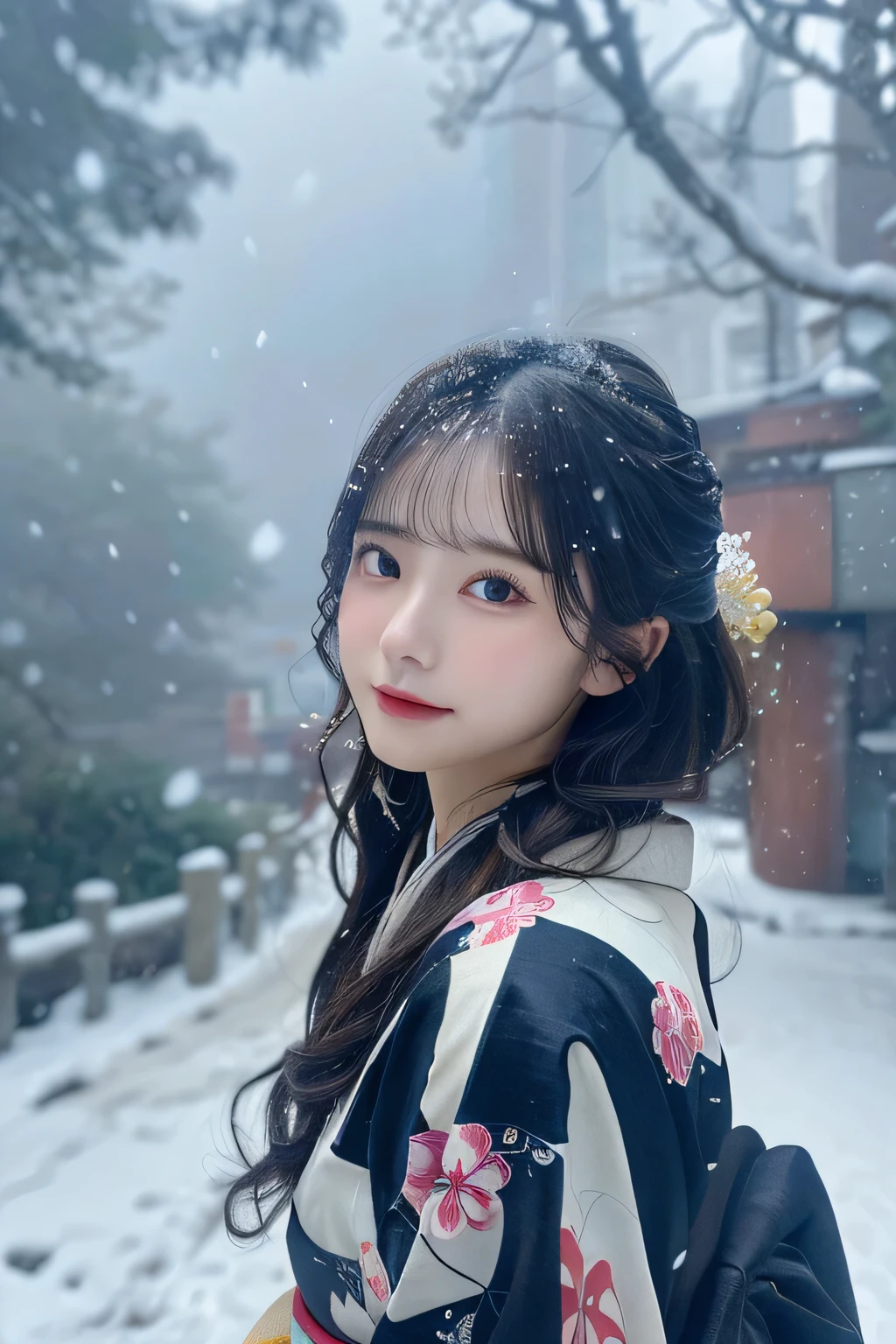 (Kimono)、、(top-quality,​masterpiece:1.3,超A high resolution,),(ultra-detailliert,Caustics),(Photorealsitic:1.4,RAW shooting,)Ultra-realistic capture,A highly detailed,high-definition16Kfor human skin、 Skin texture is natural、、The skin looks healthy with an even tone、 Use natural light and color,One Woman,japanes,,kawaii,A dark-haired,Middle hair,(depth of fields、chromatic abberation、、Wide range of lighting、Natural Shading、)、、(Falling snow:1.3)、(Hair swaying in the wind:1.3)、(Snow reflects light:1.3)