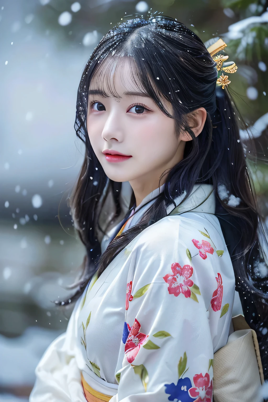 (Kimono)、、(top-quality,masterpiece:1.3,超A high resolution,),(ultra-detailliert,Caustics),(Photorealsitic:1.4,RAW shooting,)Ultra-realistic capture,A highly detailed,high-definition16Kfor human skin、 Skin texture is natural、、The skin looks healthy with an even tone、 Use natural light and color,One Woman,japanes,,kawaii,A dark-haired,Middle hair,(depth of fields、chromatic abberation、、Wide range of lighting、Natural Shading、)、、(Falling snow:1.3)、(Hair swaying in the wind:1.3)、(Snow reflects light:1.3)