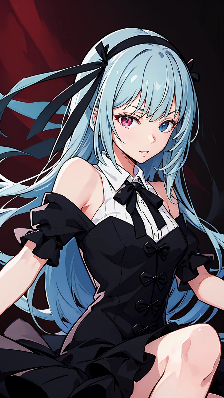 Perfect quality, good quality, masterpiece, High resolution, 超High resolution,One girl,luminous valentine,View your viewers,Red eyes, blue eyes, Heterochromia iridis,(Blue Hair,Long Hair), (Black Ribbon:1.2)