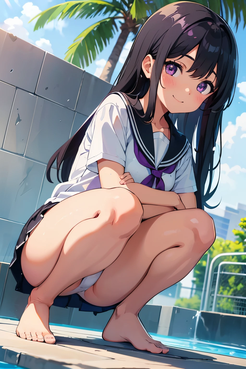 , 8 years old, A cup breas hair, long hair, purple eyes, smiling face(one person) Upper body plain white T-shirt Black mini skirt and white panties((I can see her panties)) Barefoot Poolside Water splashes, crouching, wet clothes Panties are visible Dynamic angle Low angle