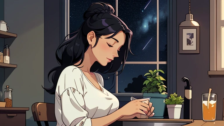Late at night, a Beautiful woman in her 30s with black hair tied is sitting on the chair with her eyes closed in a stylish kitchen. Cozy wallpaper, Gwydz style artwork, LOFI girls, trending at cgstation, relaxed mood, nightcore, cozy, night, wide glass windows, starry sky, table, chair, fridge, sink, V-neck blouse, and she was the only one in the room. beautiful flower. Plants, 2D style animation, looking down.Well-proportioned face, Outside the window is a pitch black starry sky, purple wall, kitchen is dimly,