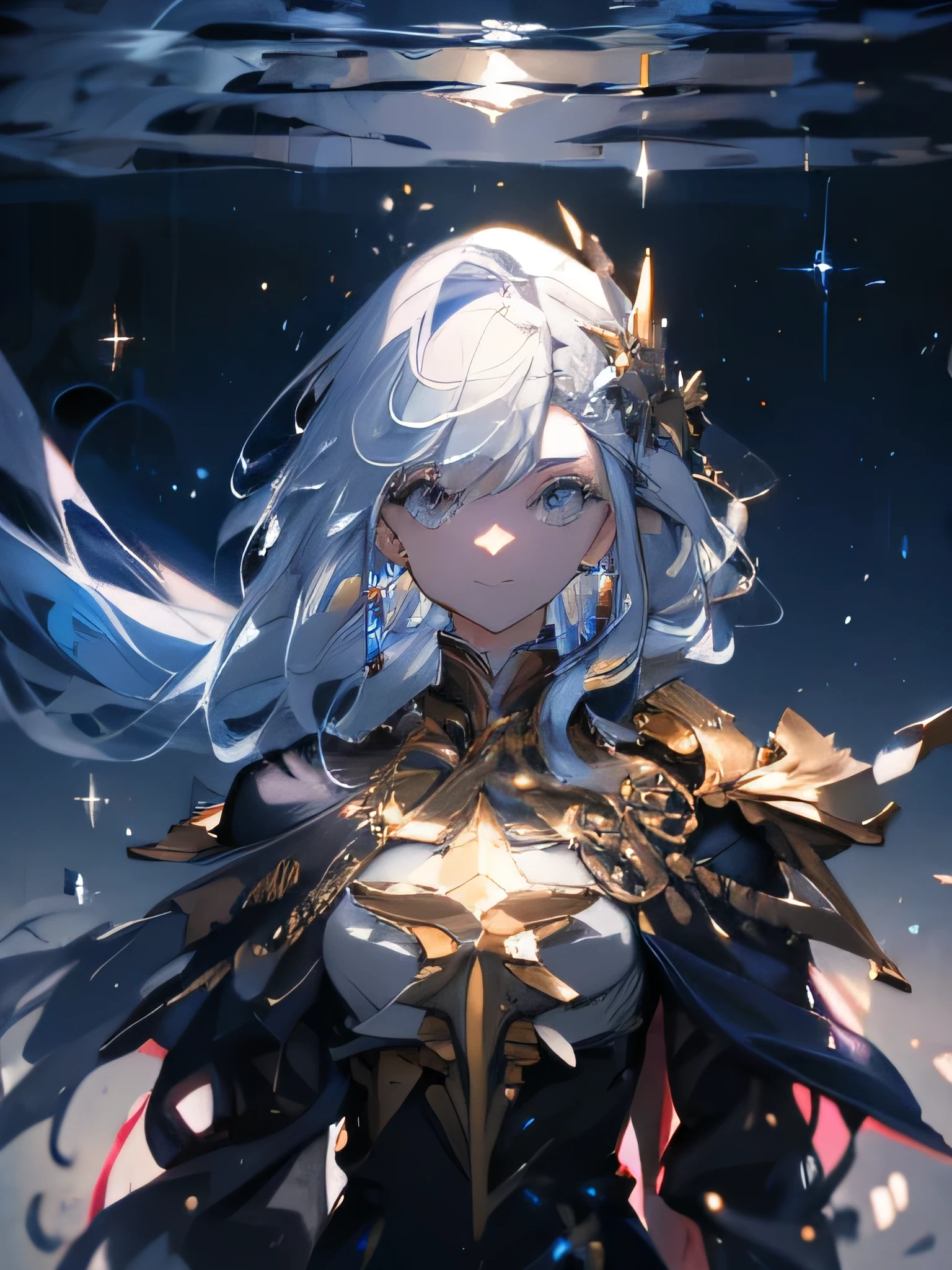 ( Absurd , high quality , Super detailed, Watch your hands )Zodiac sign - Goddess of Sagittarius , Similar to the goodness of Latin . Optimistic, fair, Funny and intelligent face . recklessness, Ruthless, impatient, Overconfident style . Dark blue eyes (Eye details) , Sparkling deep blue hair , Transparent dress , In the sea of shining stars , whole body , Nature of fire , God Chiron,