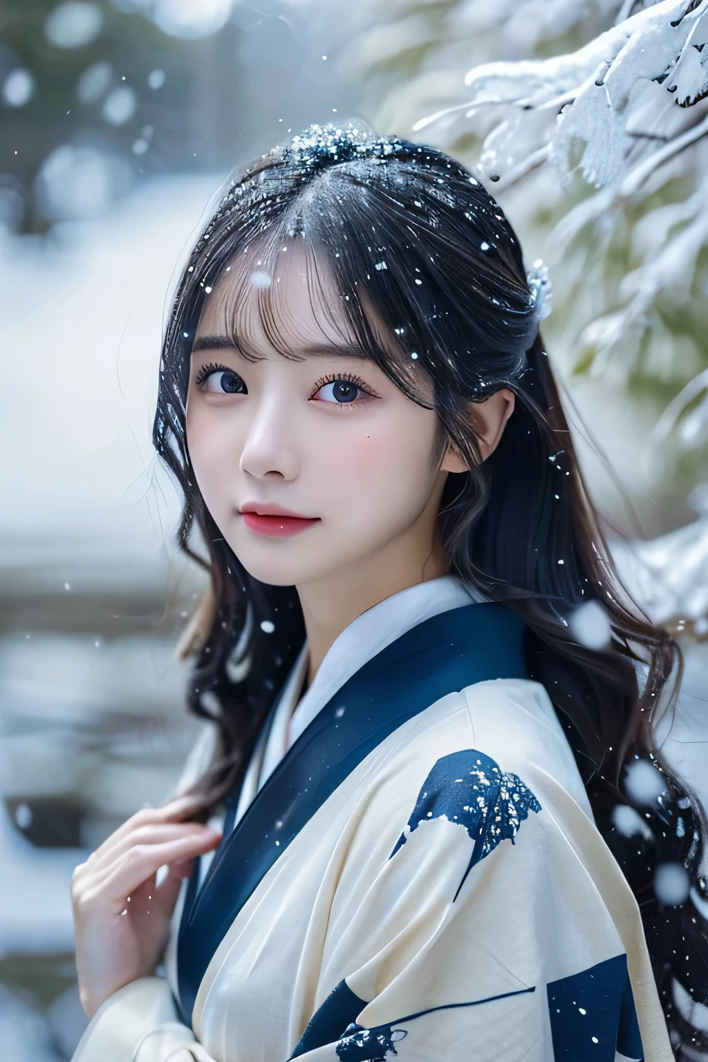 (Kimono)、、(top-quality,​masterpiece:1.3,超A high resolution,),(ultra-detailliert,Caustics),(Photorealsitic:1.4,RAW shooting,)Ultra-realistic capture,A highly detailed,high-definition16Kfor human skin、 Skin texture is natural、、The skin looks healthy with an even tone、 Use natural light and color,One Woman,japanes,,kawaii,A dark-haired,Middle hair,(depth of fields、chromatic abberation、、Wide range of lighting、Natural Shading、)、、(Falling snow:1.3)、(Hair swaying in the wind:1.3)、(Snow reflects light:1.3)