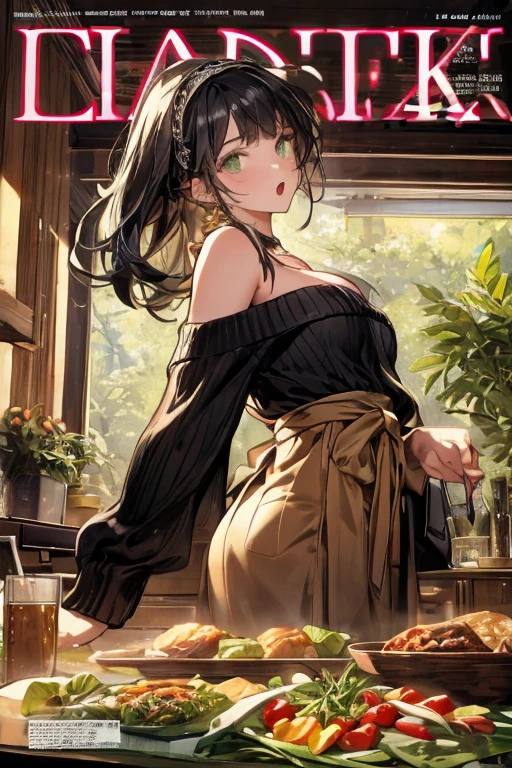 (small breasts:1.3), (perky chest:1.1), (pointed chest:1.0), (fashion magazine cover:1.3)，(from below:1.0),(from side:0.9),masterpiece, 1girl, Amazing Cleavage:1.1, thin waist, big ass, Raised sexy, small breast: 1.3, posed cleavage:1.2、solo, looking at viewer, open mouth, have a cute grass of cute beergrass,black hair, dark green eyes, dress, bare shoulders, jewelry, collarbone, sidelocks, hairband, earrings, indoors, off shoulder, :o, sweater, arms behind back, plant, short hair with long locks, gild hairband, off-shoulder dress, sweater dress, off-shoulder sweater, red sweater, dark gord hair, big side hair, very long side hair,is rendered in (masterpiece: 1.2, best quality), with (ultra high resolution) and an exquisite (depth of field). This masterpiece is not only visually stunning but also tells,A scene of cooking in the kitchen by classroom
