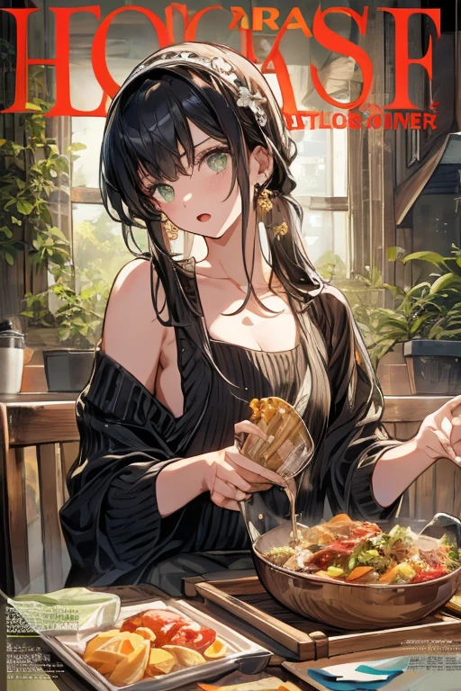 (small breasts:1.3), (perky chest:1.1), (pointed chest:1.0), (fashion magazine cover:1.3)，(from below:1.0),(from side:0.9),masterpiece, 1girl, Amazing Cleavage:1.1, thin waist, big ass, Raised sexy, small breast: 1.3, posed cleavage:1.2、solo, looking at viewer, open mouth, have a cute grass of cute beergrass,black hair, dark green eyes, dress, bare shoulders, jewelry, collarbone, sidelocks, hairband, earrings, indoors, off shoulder, :o, sweater, arms behind back, plant, short hair with long locks, gild hairband, off-shoulder dress, sweater dress, off-shoulder sweater, red sweater, dark gord hair, big side hair, very long side hair,is rendered in (masterpiece: 1.2, best quality), with (ultra high resolution) and an exquisite (depth of field). This masterpiece is not only visually stunning but also tells,A scene of cooking in the kitchen by classroom
