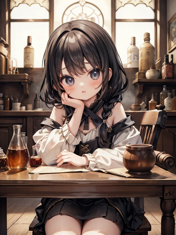 masterpiece, highest quality, Very detailed, 16k, Ultra-high resolution, Cowboy Shot, Detailed face, Perfect Fingers, A 13-year-old girl, black eye, Black Hair, Braid,  renaissance_alchemist_studio, table, Chair, Chairに座る