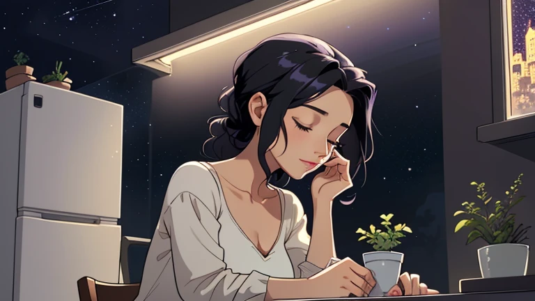 Late at night, a Beautiful woman in her 30s with black hair tied is sitting on the chair with her eyes closed in a stylish kitchen. Cozy wallpaper, Gwydz style artwork, LOFI girls, trending at cgstation, relaxed mood, nightcore, cozy, night, wide glass windows, starry sky, table, chair, fridge, sink, V-neck blouse, and she was the only one in the room. beautiful flower. Plants, 2D style animation, looking down.Well-proportioned face, Outside the window is a pitch black starry sky, purple wall, kitchen is dimly,