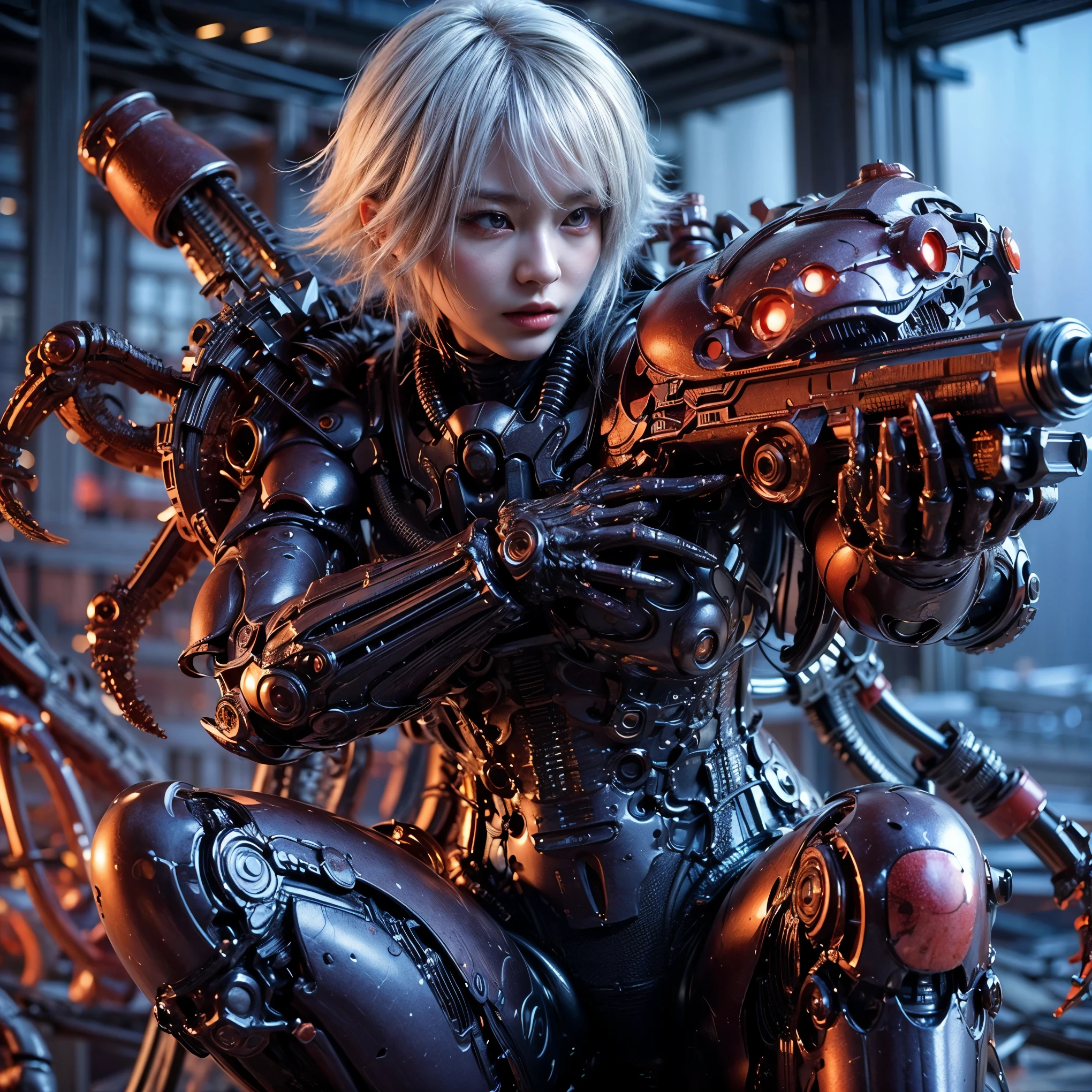 (top-quality:1.2, masterpiece), ultra high resolution, (Photorealsitic:1.4), (crab-base body), 1 Japanese female, extremely realistic face, (white hair), ((ultimately intricate all details)), (whole body picture), realistic shadow, octan render, glossy textures, character edge light, Details of complex ornaments, dystopia with a beautiful view at night, fighting pose