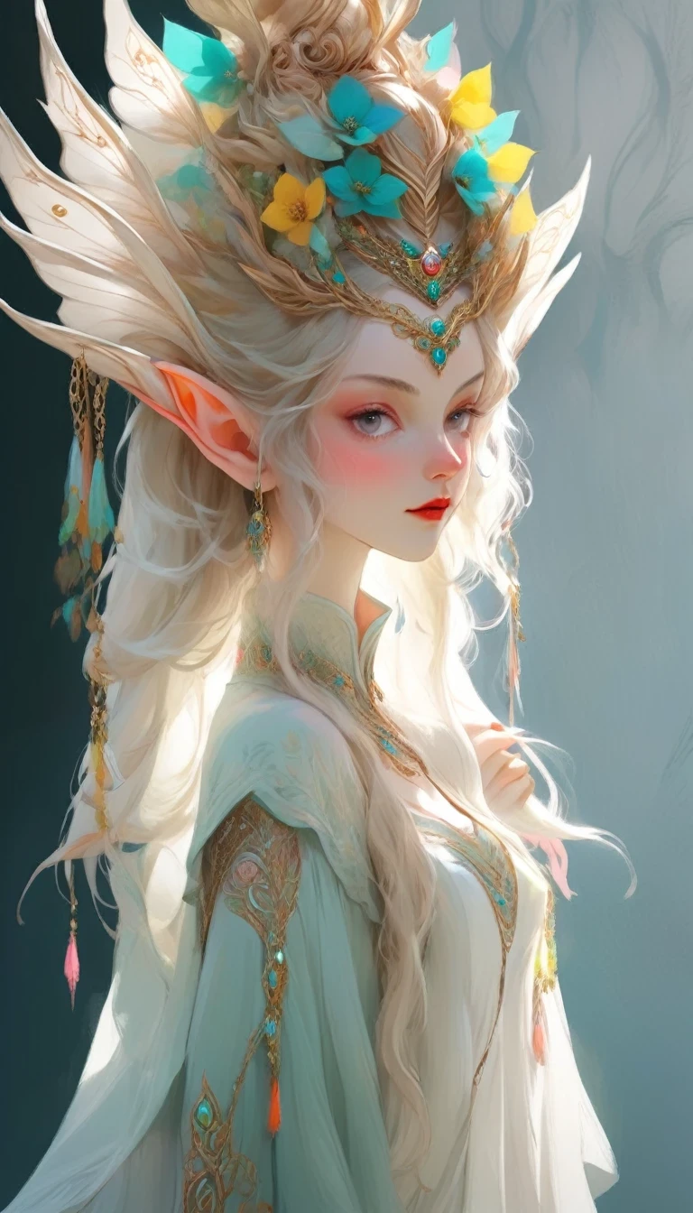ELF,in style of Del Kathryn Barton , character concept design, half body