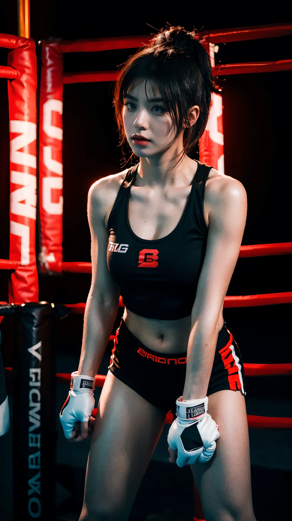 8k, best quality, highres, realistic, real person, A fierce female fighter in a boxing stance, ready to battle in an underground fighting arena. She has a determined look on her face, with short black hair and wearing sports attire. Instead of boxing gloves, her hands are taped. Her left leg below the knee is a sleek, cybernetic prosthetic, resembling a cyborg's leg. The underground arena is dimly lit, with an intense atmosphere, gritty walls, and an audience watching the fight