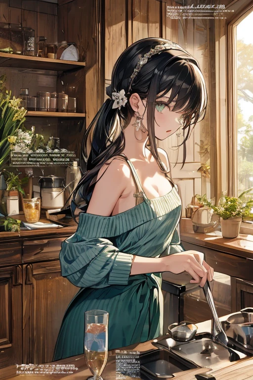 (small breasts:1.3), (perky chest:1.1), (pointed chest:1.0), (fashion magazine cover:1.3)，(from below:1.0),(from side:0.9),masterpiece, 1girl, Amazing Cleavage:1.1, thin waist, big ass, Raised sexy, small breast: 1.3, posed cleavage:1.2、solo, looking at viewer, open mouth, have a cute grass of cute beergrass,black hair, dark green eyes, dress, bare shoulders, jewelry, collarbone, sidelocks, hairband, earrings, indoors, off shoulder, :o, sweater, arms behind back, plant, short hair with long locks, gild hairband, off-shoulder dress, sweater dress, off-shoulder sweater, red sweater, dark gord hair, big side hair, very long side hair,is rendered in (masterpiece: 1.2, best quality), with (ultra high resolution) and an exquisite (depth of field). This masterpiece is not only visually stunning but also tells,A scene of cooking in the kitchen by classroom
