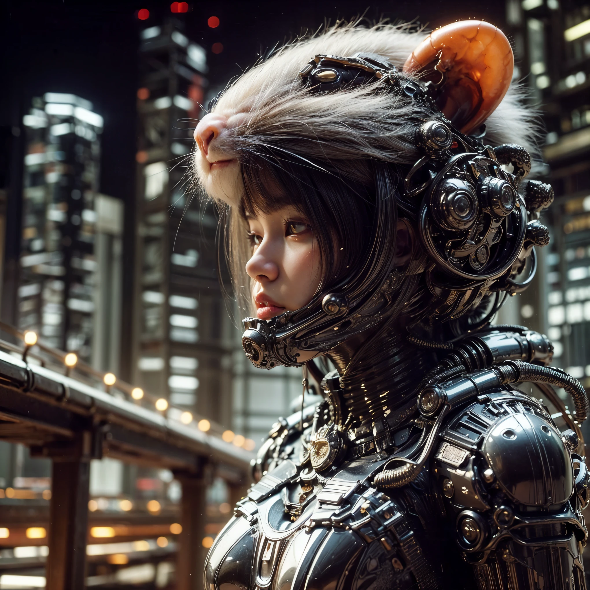 (top-quality:1.2, masterpiece), ultra high resolution, (Photorealsitic:1.4), (crab-base body), 1 Japanese female, extremely realistic face, (white hair), ((ultimately intricate all details)), (whole body picture), realistic shadow, octan render, glossy textures, character edge light, Details of complex ornaments, dystopia with a beautiful view at night, fighting pose