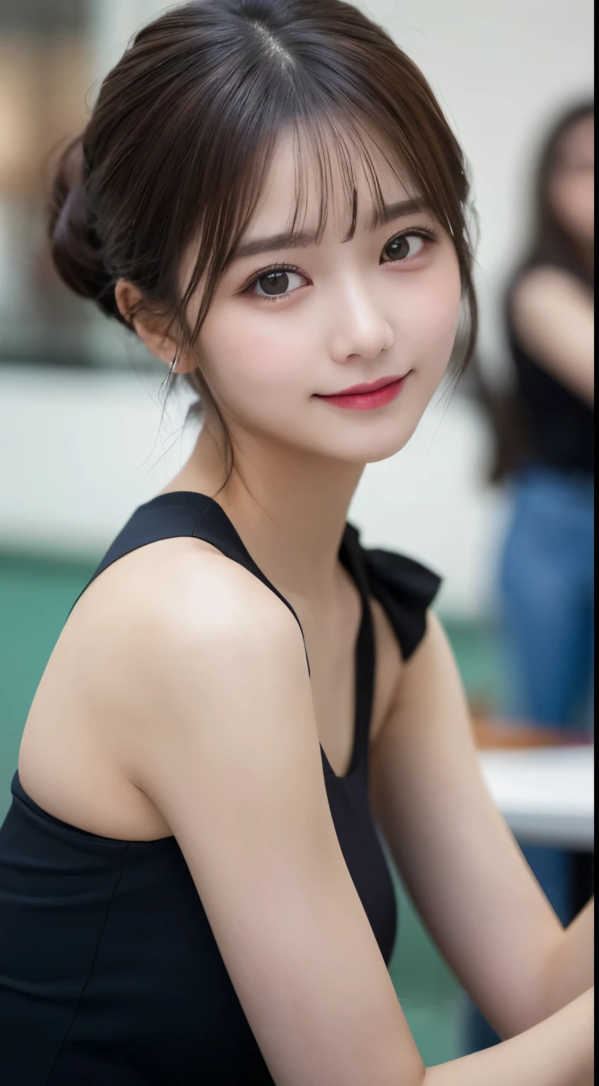 Tabletop, highest quality, shape, Very detailed, finely, High resolution, 8k wallpaper, 完璧なダイナミックな構shape, Beautiful and exquisite,ランダムなcute髪,,Natural color lip、20-year-old girl、cute、Looking into the camera,Always blur the background,Perfect and beautiful face,Slim face and figure,Big eyes、Putting on gal makeup,Small face,Shooting from below、Blurred Background,Elegant feminine face、Cyberpunk Fashion、smile、Change pose randomly、Randomly change the shooting angle and position、Enjoy tennis