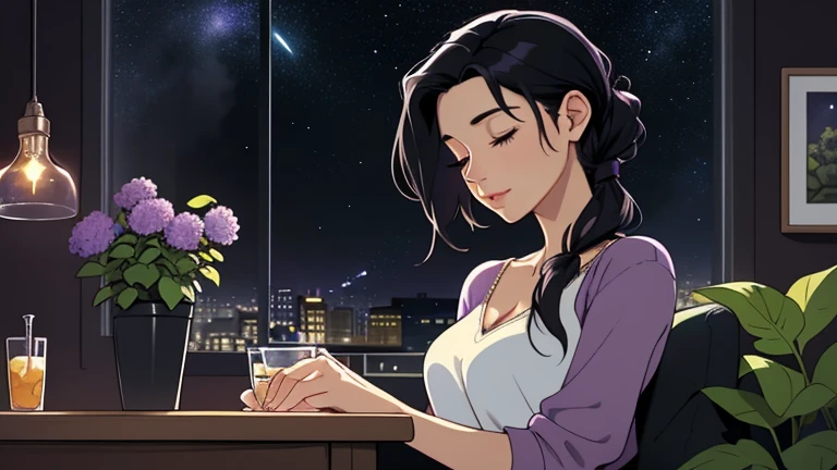 Late at night, a Beautiful woman in her 30s with black hair tied is sitting on the sofa with her eyes closed in a stylish living. Cozy wallpaper, Gwydz style artwork, LOFI girls, trending at cgstation, relaxed mood, nightcore, cozy, night, wide glass windows, starry sky, table, chair, fridge, sink, V-neck blouse, and she was the only one in the room. beautiful flower. Plants, 2D style animation, looking down.Well-proportioned face, Outside the window is a pitch black starry sky, purple wall, kitchen is dimly,