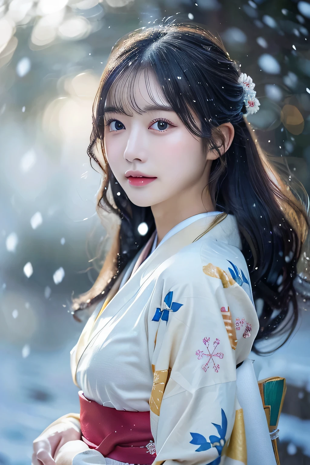(Kimono)、、(top-quality,masterpiece:1.3,超A high resolution,),(ultra-detailliert,Caustics),(Photorealsitic:1.4,RAW shooting,)Ultra-realistic capture,A highly detailed,high-definition16Kfor human skin、 Skin texture is natural、、The skin looks healthy with an even tone、 Use natural light and color,One Woman,japanes,,kawaii,A dark-haired,Middle hair,(depth of fields、chromatic abberation、、Wide range of lighting、Natural Shading、)、、(Falling snow:1.3)、(Hair swaying in the wind:1.3)、(Snow reflects light:1.3)
