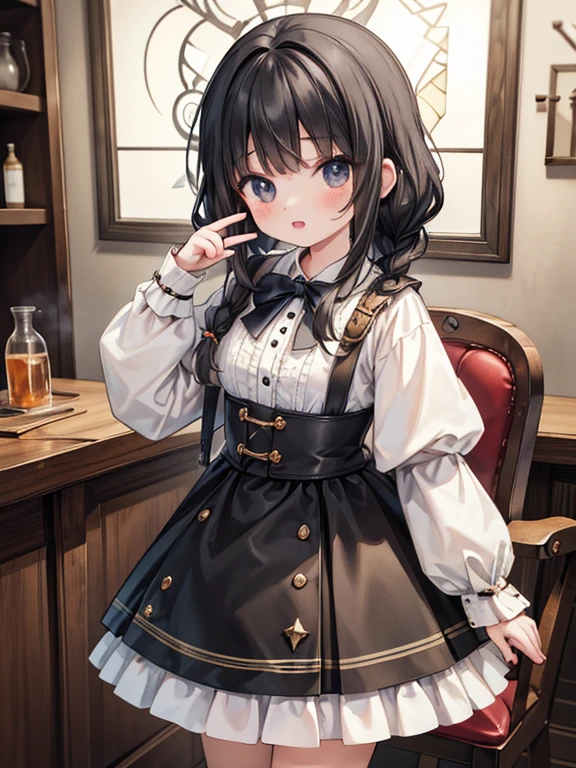 masterpiece, highest quality, Very detailed, 16k, Ultra-high resolution, Cowboy Shot, Detailed face, Perfect Fingers, A -yeld gi black eye, Black Hair, Braid,  renaissance_alchemist_studio, table, Chair, Chairに座る